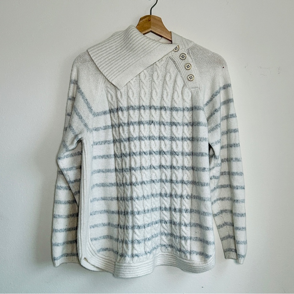 Women's White Stripe Cable Knit Turtleneck Sweater I‎ Asymmetrical Neck I XXL